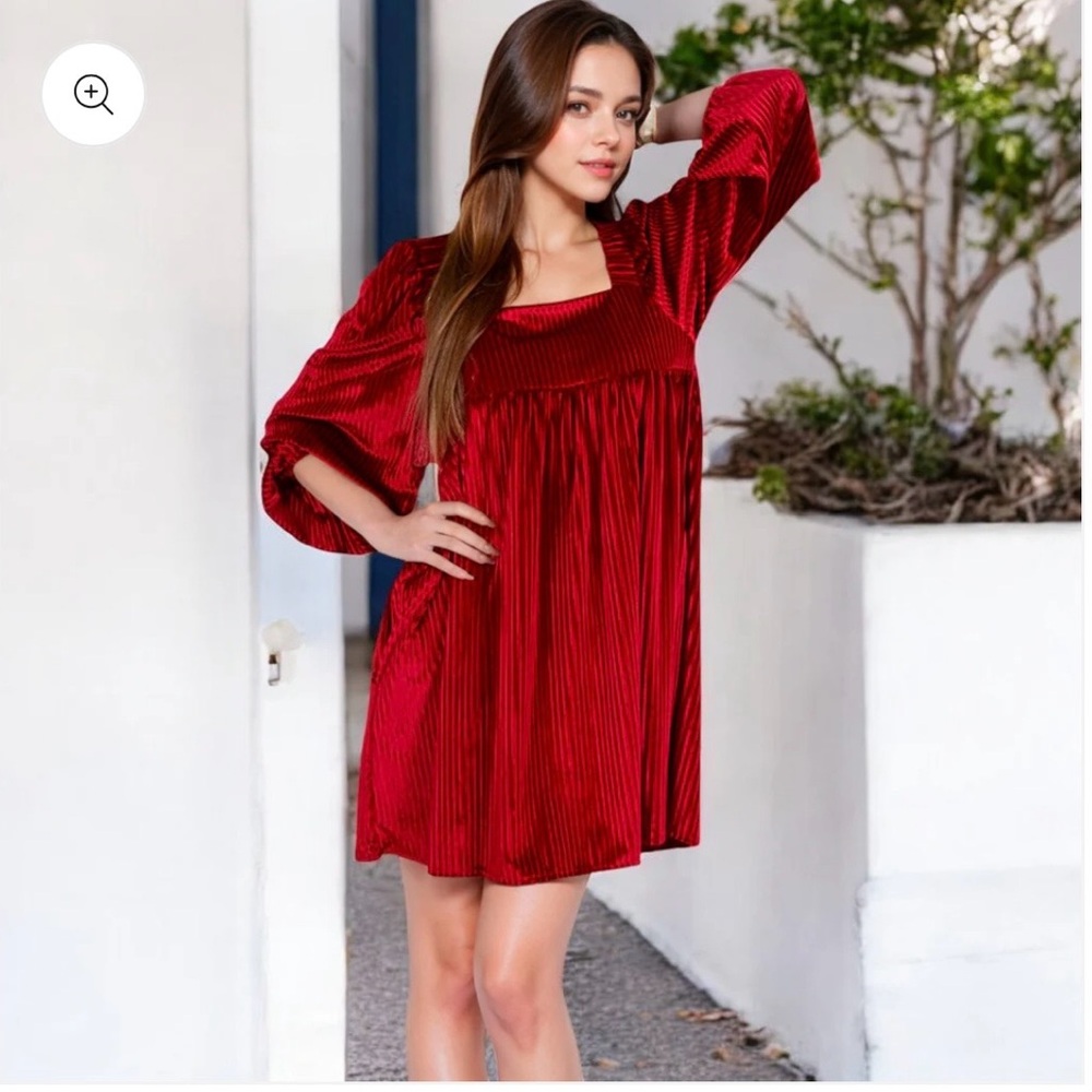 OQQ | Women’s Red Velvet Ribbed Long Sleeve Mini Dress S NWOT - Picture 6 of 8